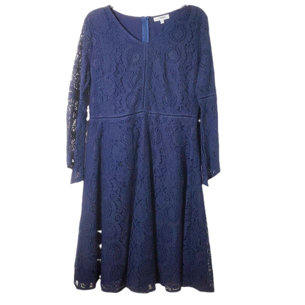 Back In The Saddle Navy Blue Lace V-Neck Long Sleeve A-Line Dress Womens Medium